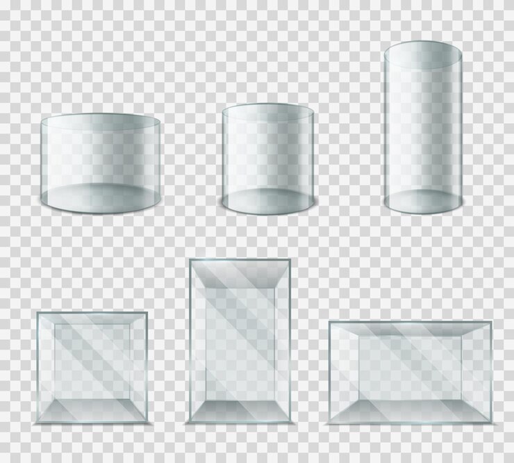 Vector caja de vidrio. cubo de plástico con reflejos de resplandor brillante, escaparate de exhibición en blanco de cilindro 3d realista vacío museo pedestal set expo stand aislado en fondo transparente colección de maquetas vectoriales