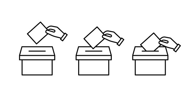 Caja de votación con icono de la línea de votación Elección con papeletas de votación en la mano Voto y opinión Vector