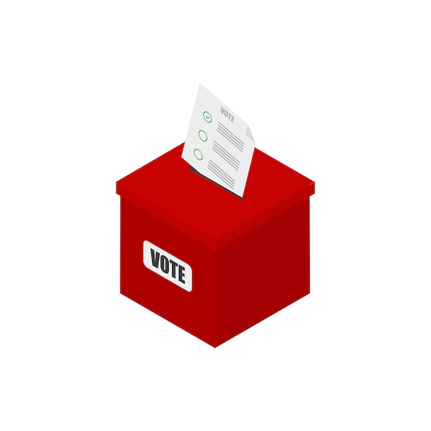 Caja de votación y pancarta en plano isométrico.