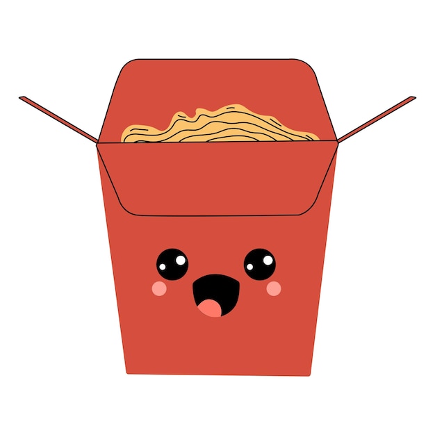 Vector caja wok asiática con personaje de dibujos animados de fideos ramen. personaje de ramen vectorial aislado.