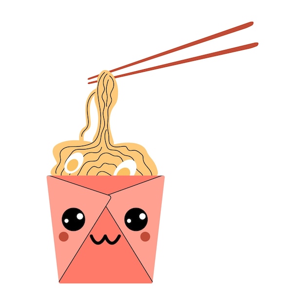 Caja wok asiática con personaje de dibujos animados de fideos ramen. Personaje de ramen vectorial aislado.