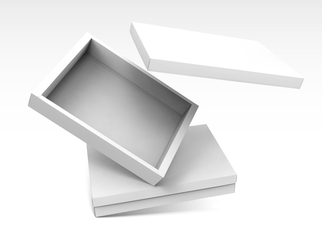 Vector cajas abiertas en blanco flotando en el aire en la ilustración 3d