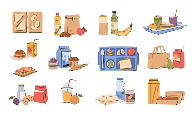 Cajas de almuerzo con alimentos y bebidas nutritivas