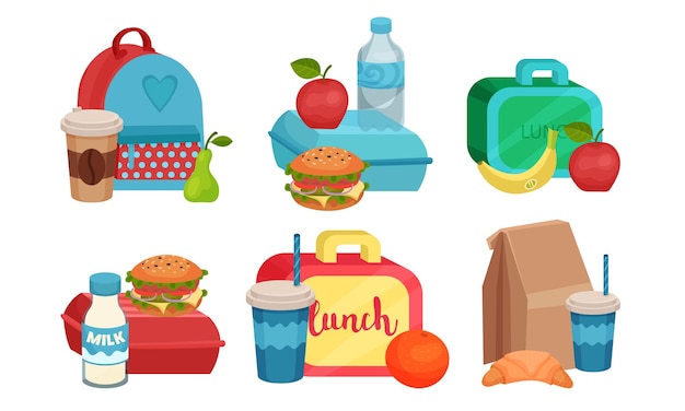 Cajas de almuerzo escolar colección de bocadillos bolsas con comida para niños ilustración vectorial sobre fondo blanco