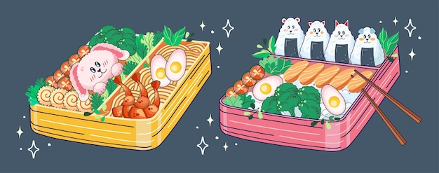 Cajas Bento en estilo Kawaii Linda ilustración colorida de comida japonesa en loncheras Anime