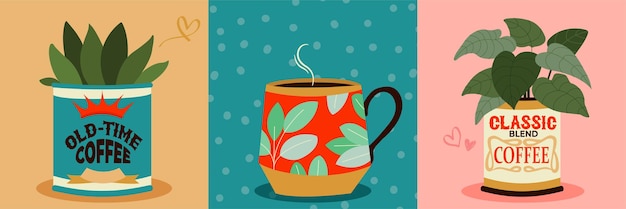 Cajas de café espresso copa y olla estandarte estilo vintage retro