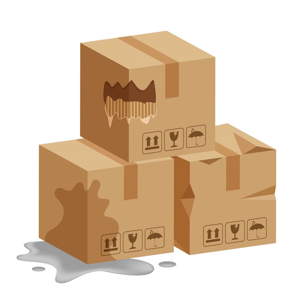 Vector cajas de cajas dañadas 3d, caja de cartón rota, cajas de paquetes de cartón de estilo plano húmedas