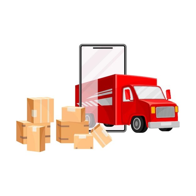 Cajas de cartón y camión con ilustración vectorial de pantalla de teléfono inteligente