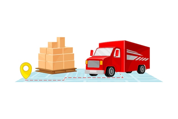 Vector cajas de cartón y camión con mapa e ilustración vectorial del punto de destino