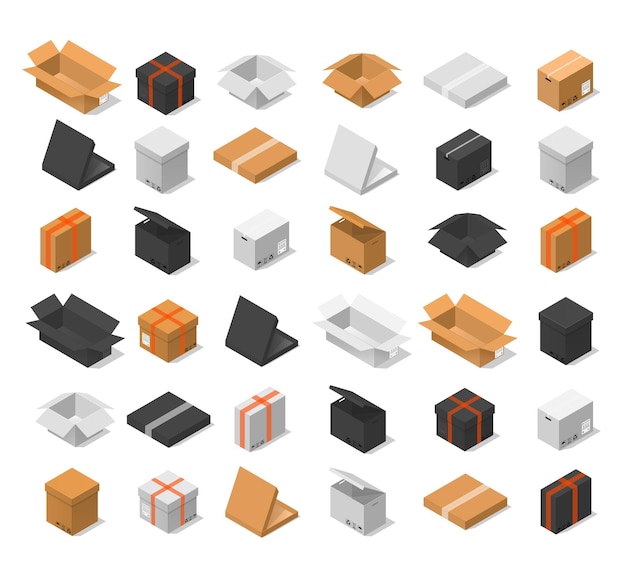 Cajas de cartón Conjunto de colores Vista isométrica Varias formas de embalaje Abrir Cerrar Ilustración vectorial grande y pequeña