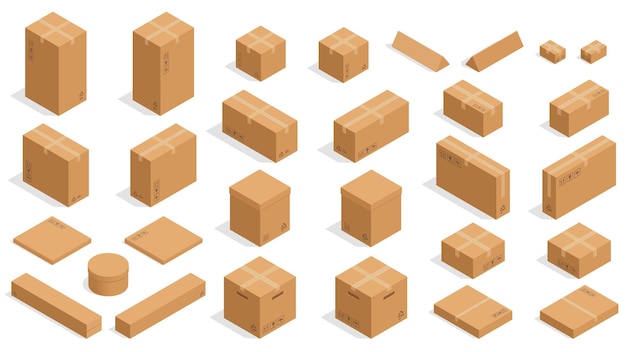 Cajas de cartón isométricas Envases vectoriales cuadrados y rectangulares Contenedores de cartón para el envío, el envío y el almacenamiento Formas simples planas