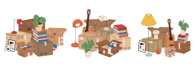 Cajas de cartón llenas de cosas en movimiento Cartas de cartón con libros y ropa apiladas Cartas de kartón planas Conjunto de ilustraciones vectoriales