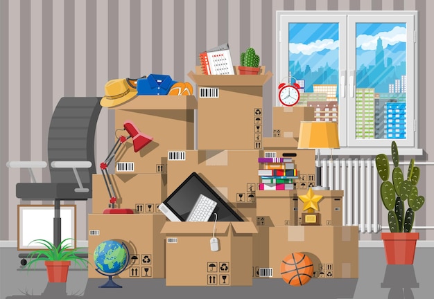 Cajas de cartón de papel con varias cosas del hogar.