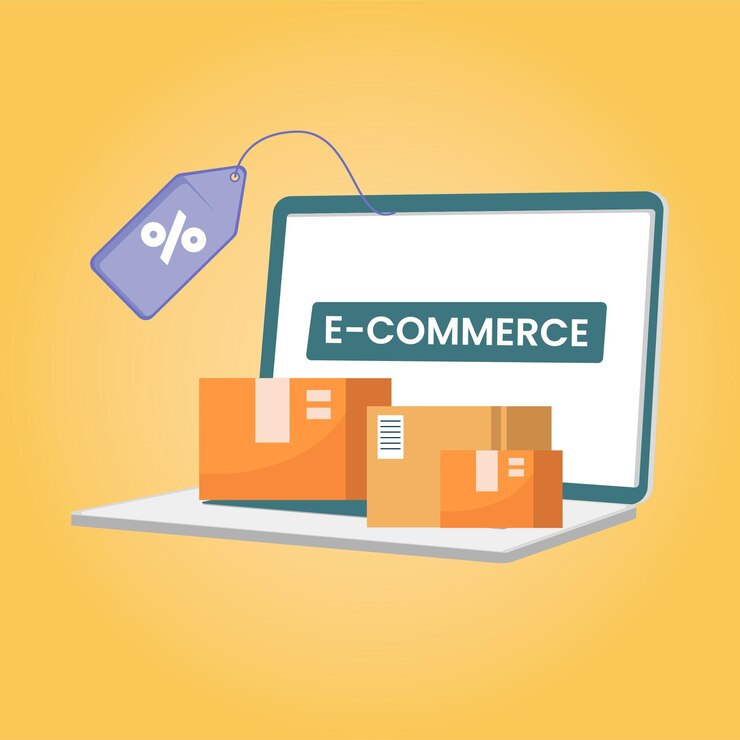 Vector cajas de cartón con teclado de computadora portátil y descuento de venta concepto de servicio de entrega y comercio electrónico de compras en línea