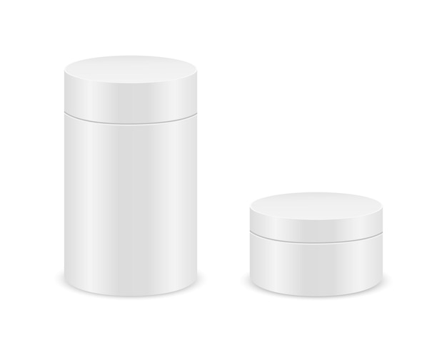 Cajas de cilindro blanco aisladas sobre fondo blanco. Maqueta de paquete de cartón de tubo para diseño de producto. Contenedores en blanco para regalos, comida, té, café. Ilustración realista de vector.