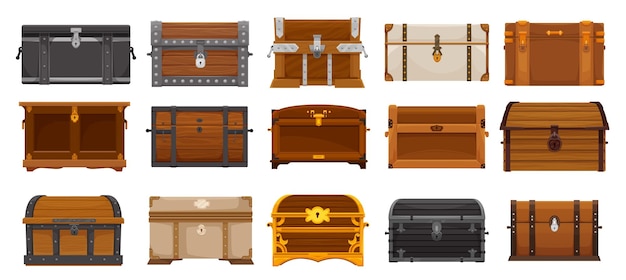 Vector cajas de cofres de dibujos animados conjunto de baúles del tesoro de madera