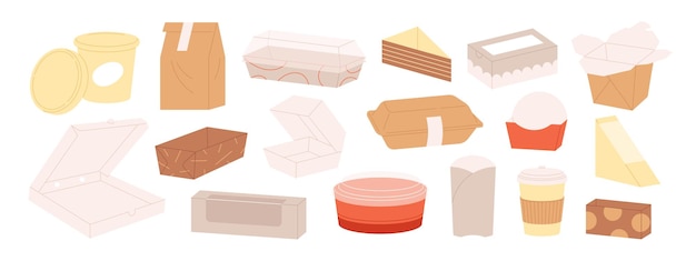 Cajas de comida para llevar Contenedores de plástico y papel para llevar Envases de entrega Envases reciclables de cartón y colecciones vectoriales de tazas