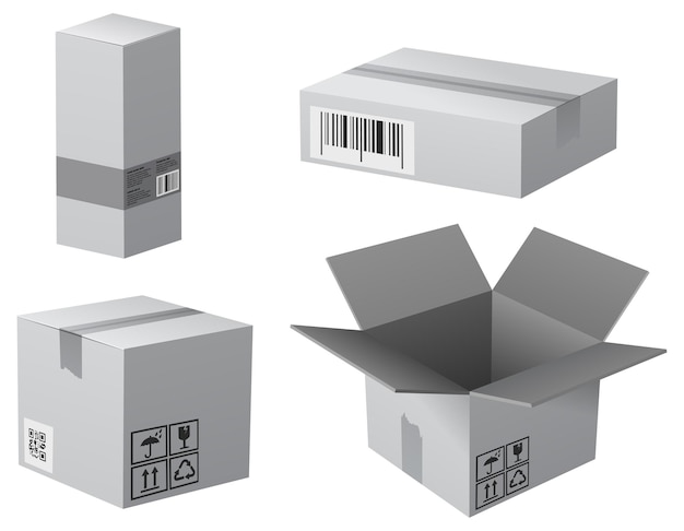 Cajas de embalaje de cartón abiertas y cerradas con iconos de reciclaje Vector aislado en blanco
