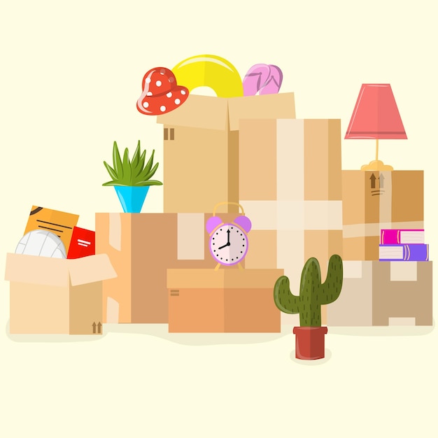 Vector cajas con ilustración de diferentes objetos.