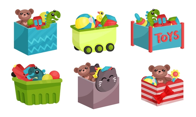 Vector cajas llenas de juguetes para niños, cofres ilustrados por vectores, rellenos de cosas para niños de colores.