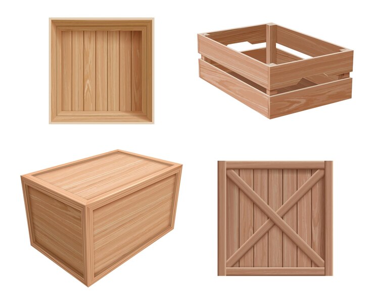Vector cajas de madera contenedores de carga abiertos y cerrados para paquetes de regalos frágiles con texturas de madera ilustraciones realistas vectoriales decentes
