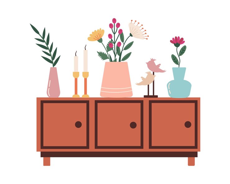 Vector cajas de madera, jarrones con flores, velas y estatuillas