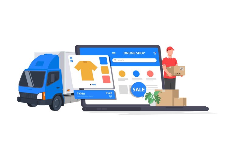 Vector cajas de paquetes de productos y bolsa de compras en carro con computadora portátil que tienda web tienda en pantalla