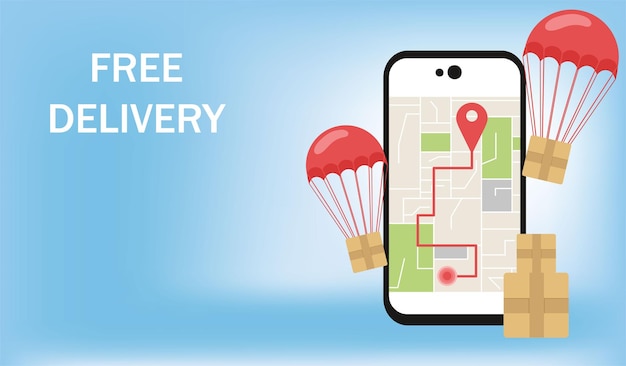 Cajas de paquetes volando en paracaídas sobre smartphone. Servicios de entrega, pedido en línea, transporte