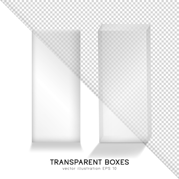 Vector cajas de productos transparentes blancas vacías realistas. envases de vidrio rectangulares altos aislados