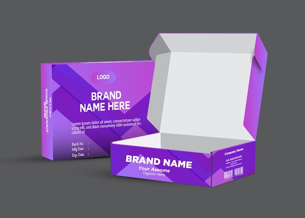 cajas púrpura y púrpura de nombre de marca nombre de marca en el frente