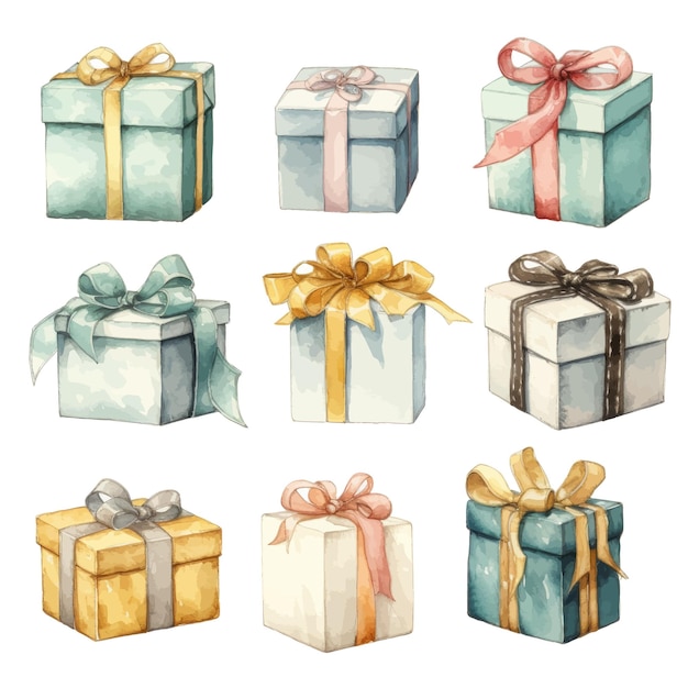 Cajas de regalo de acuarela Ilustración dibujada a mano aislada sobre fondo blanco