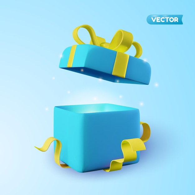 Cajas de regalo azules abiertas en 3D con cinta en verde sobre fondo azul