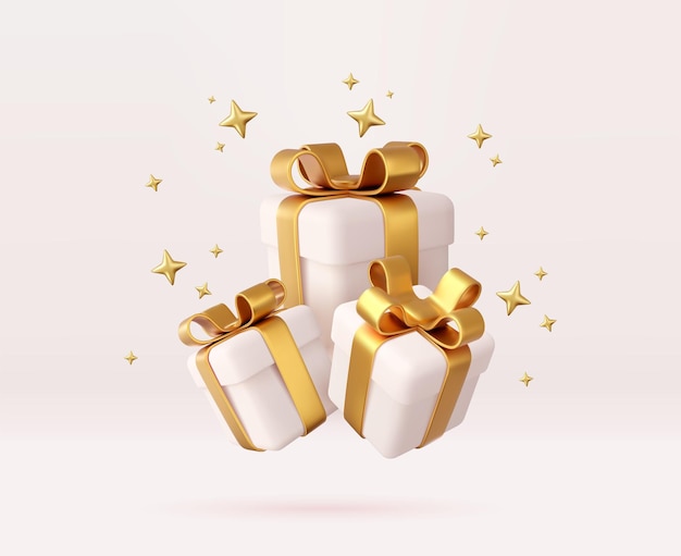 Cajas de regalo blancas 3d con cinta dorada y arco Concepto de celebración de cumpleaños Feliz año nuevo y Feliz Navidad Cajas de regalo blancas con arcos dorados Renderización 3d Ilustración vectorial