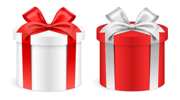 Cajas de regalo blancas y rojas de forma redonda envueltas con cintas aisladas en la ilustración vectorial de fondo