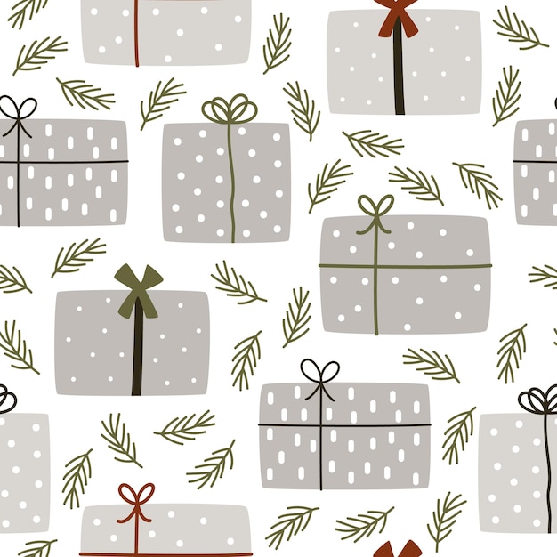 Cajas de regalo blancas sobre fondo gris para la celebración de fiestas. Vector de patrón de Navidad sin costuras