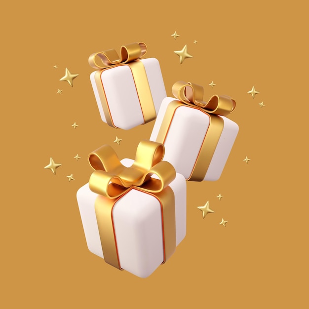 Cajas de regalo blancas vectoriales 3D gratuitas con lazo de cinta dorada y estrellas