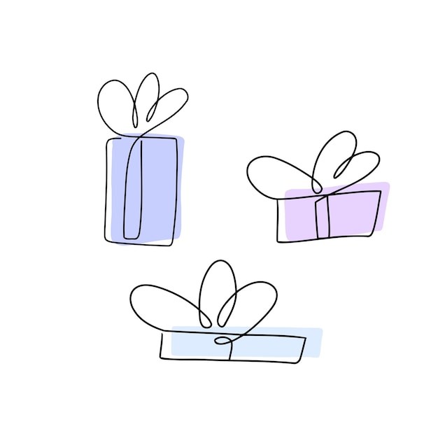 Cajas de regalo de celebración de cumpleaños en una línea ilustración de vector de dibujo de esquema de diseño de concepto de decoración