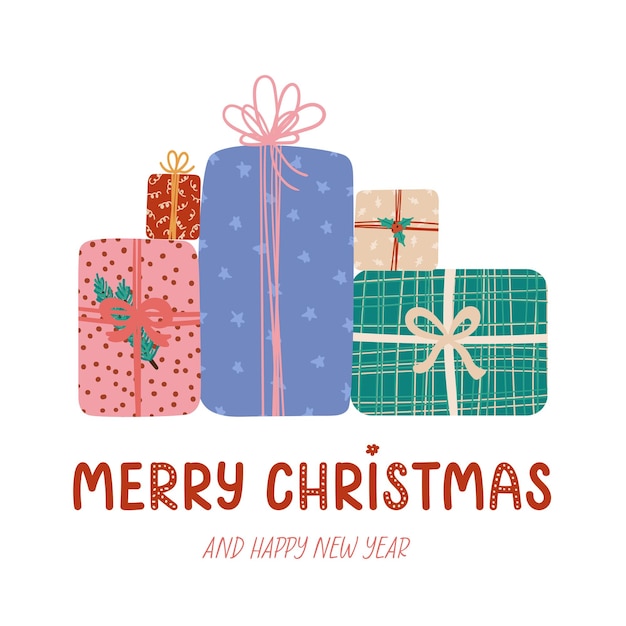 Cajas de regalo con cinta y arcos de diferentes formas y tamaños Gran montón de regalos en envoltorios festivos