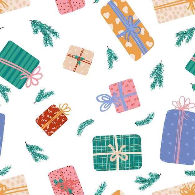 Cajas de regalo con cinta y lazos de diferentes formas y tamaños patrón sin costura Presente envoltura festiva