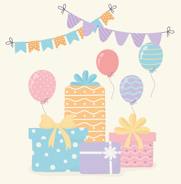 cajas de regalo cintas banderines globos celebración fiesta decoración