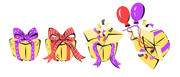 Cajas de regalo con cintas y globos ilustración de vector de dibujos animados plana aislada sobre fondo blanco caja de regalo o sorpresa regalo de cumpleaños y bonificación