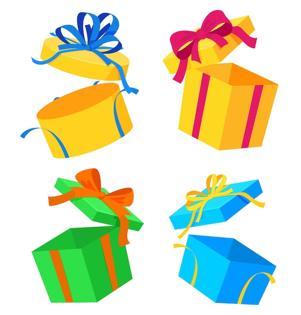 Cajas de regalo de colores abiertas con lazos Hermoso embalaje brillante Ilustración vectorial