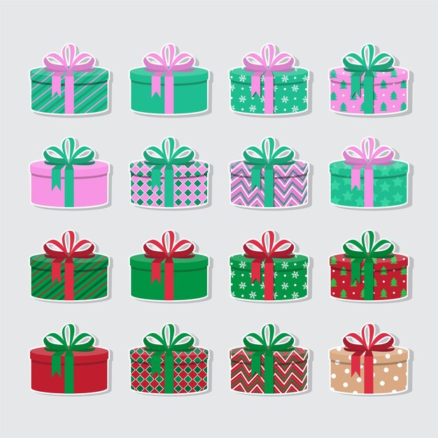 Cajas de regalo coloridas con pegatina de cinta Conjunto de cajas de regalo de diseño diferente en vector de fondo blanco