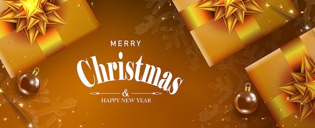 Cajas de regalo de composición marrón de navidad con lazo dorado