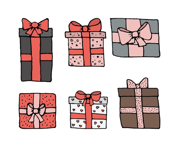 Cajas de regalo conjunto de iconos lineales en color. Regalo navideño para navidad, cumpleaños o san valentín.