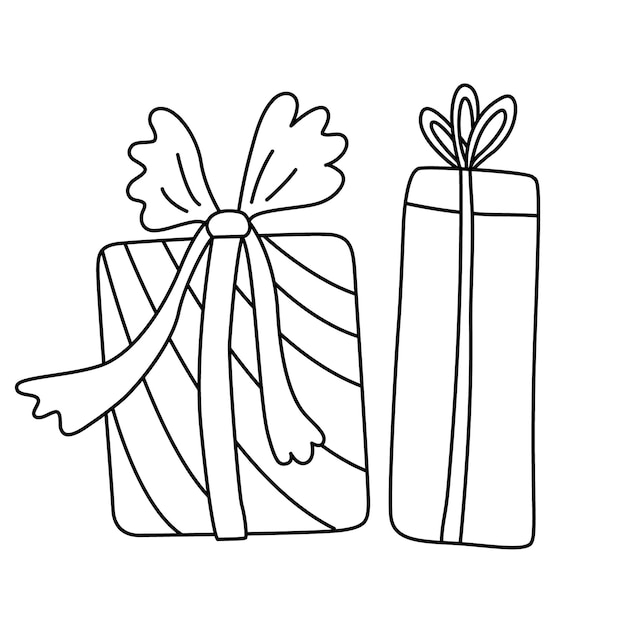 Vector cajas de regalo decoradas con lazos de cinta dibujados a mano doodle vector ilustración contorno negro
