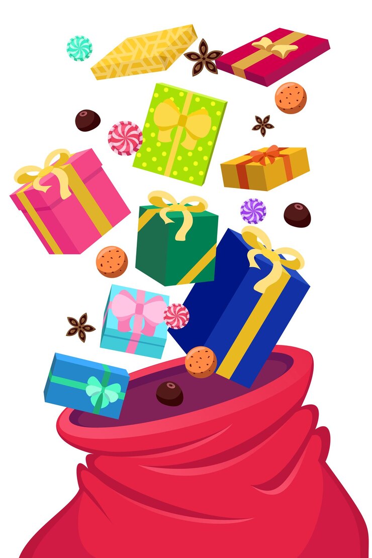 Vector cajas de regalo y dulces que caen en la ilustración de vector de saco rojo