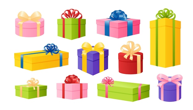 Cajas de regalo Envoltura decorativa de papel nuevo Paquete vectorial con objetos brillantes de vacaciones