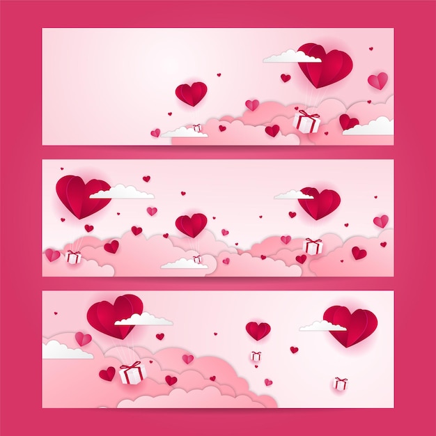 Cajas de regalo con globo de corazón flotando en el cielo, pancartas de feliz día de San Valentín, estilo de arte en papel.