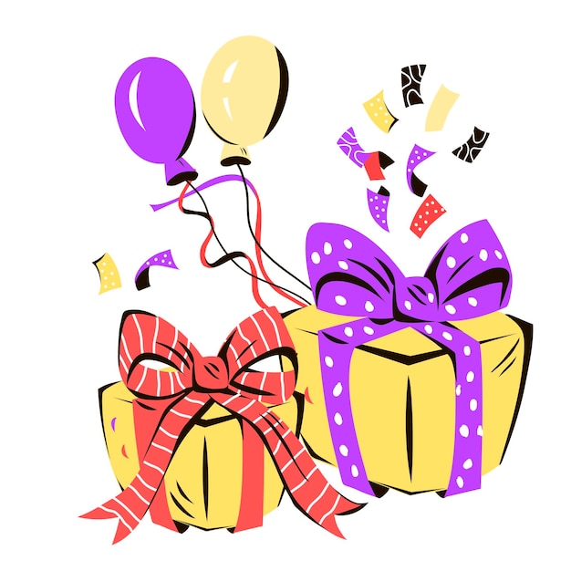 Cajas de regalo y globos para celebración de vacaciones o tema de cumpleaños vector de dibujos animados aislado